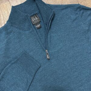 Jos A Bank Sweater 100% Merino Wool Quarter Zip Mock Neck Pullover Teal Large